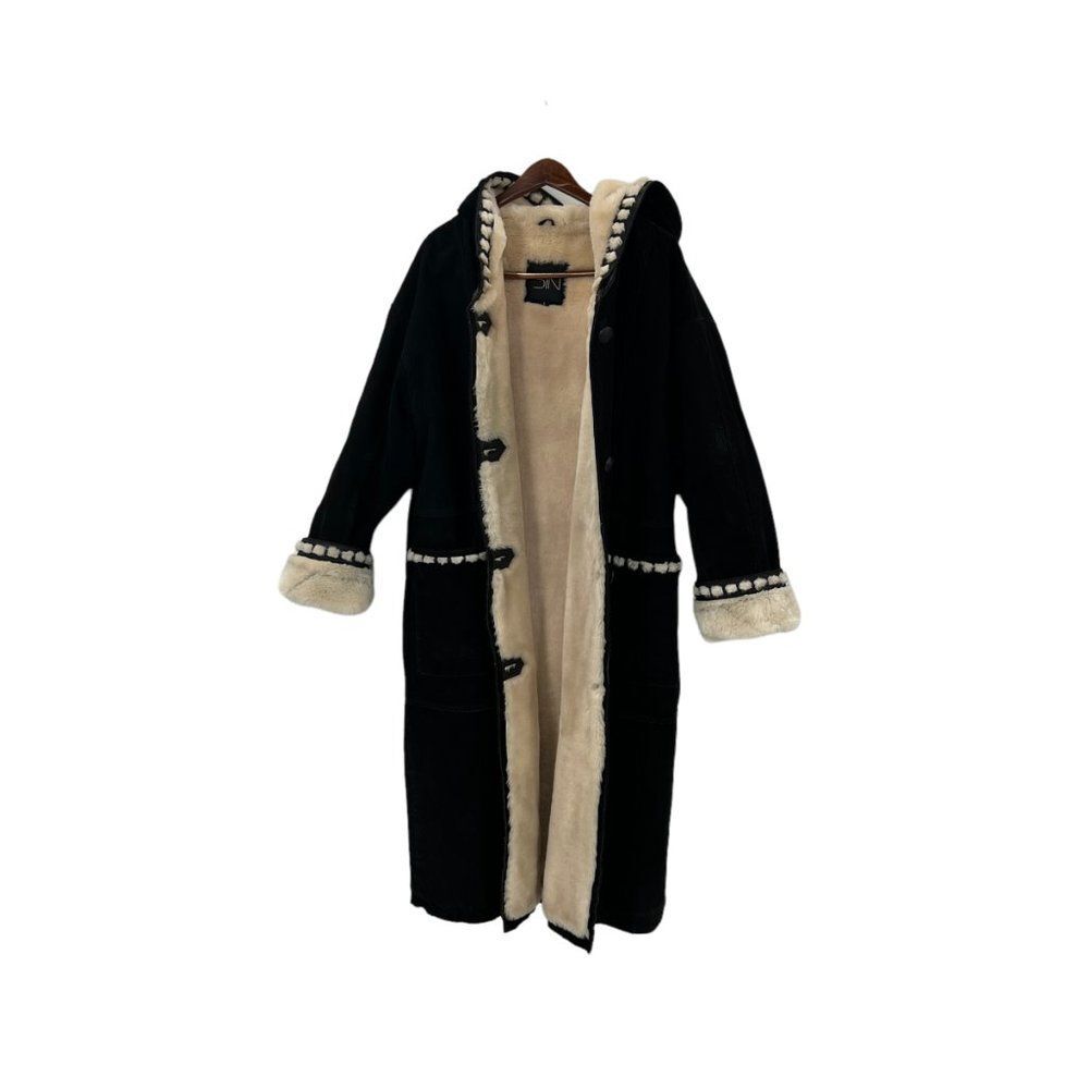 Vintage Sin by Morgan Cooper Black Suede Faux Fur Hooded Trench Coat Jacket L - Picture 4 of 16